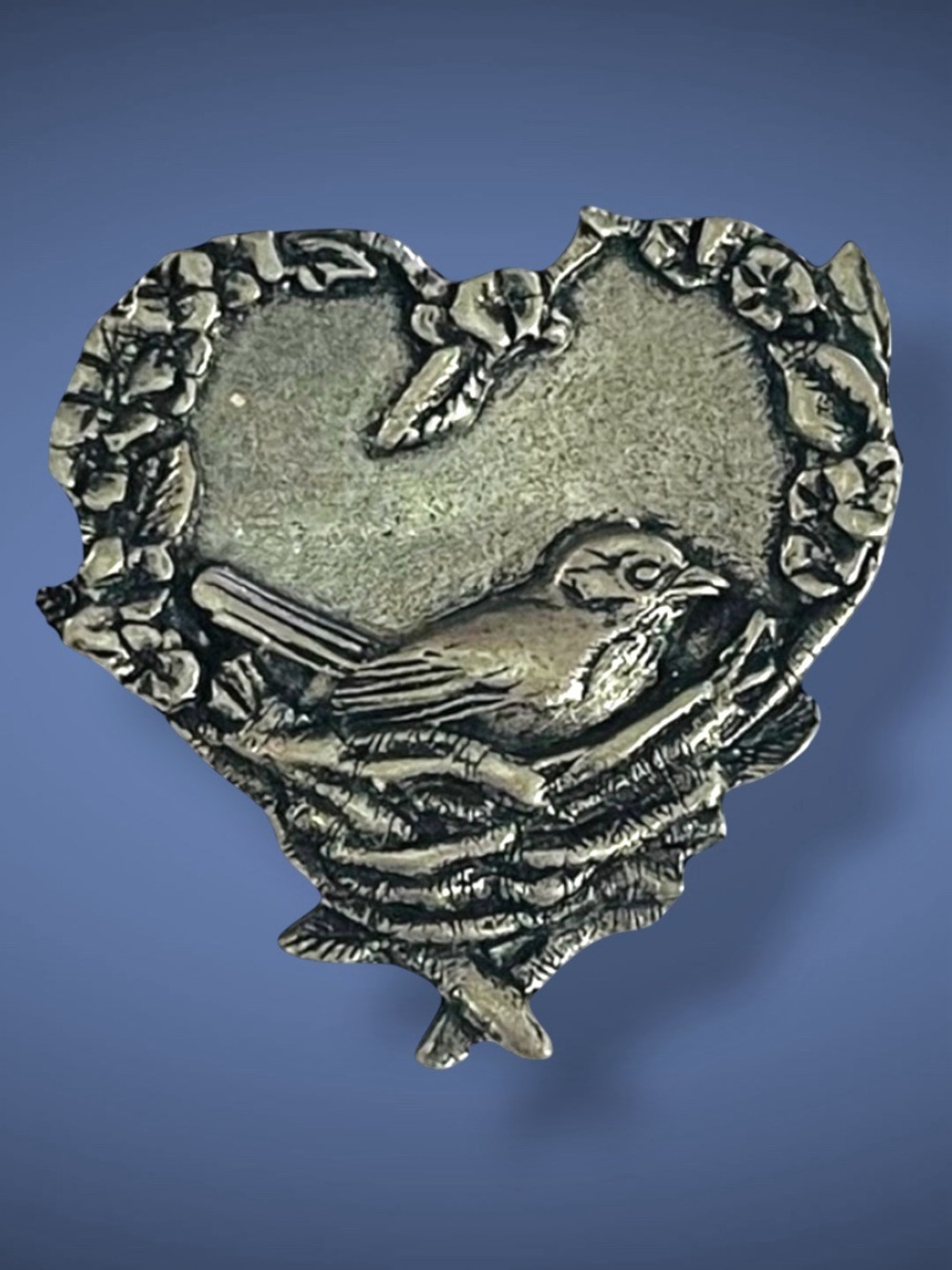 Cute Petite Collectible Pewter Heart With Bird and Nest Birds and Bloom 2004